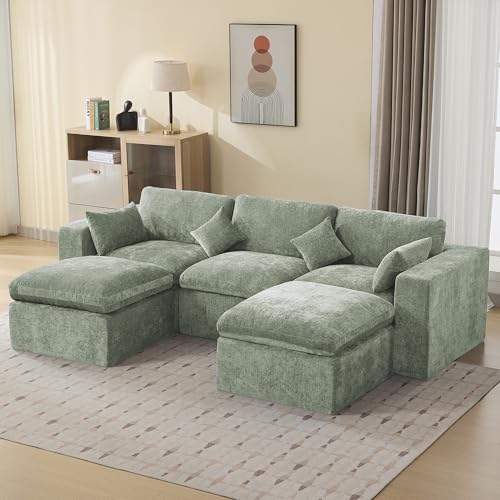Image of 115'' Cloud Boneless Sectional Couch, Modular Sectional Sofa Deep Seat with 2 Ottomans, Oversized Upholstered Convertible Comfy 5 Seater Chenille Sofa U Shape Couches for Living Room, Green