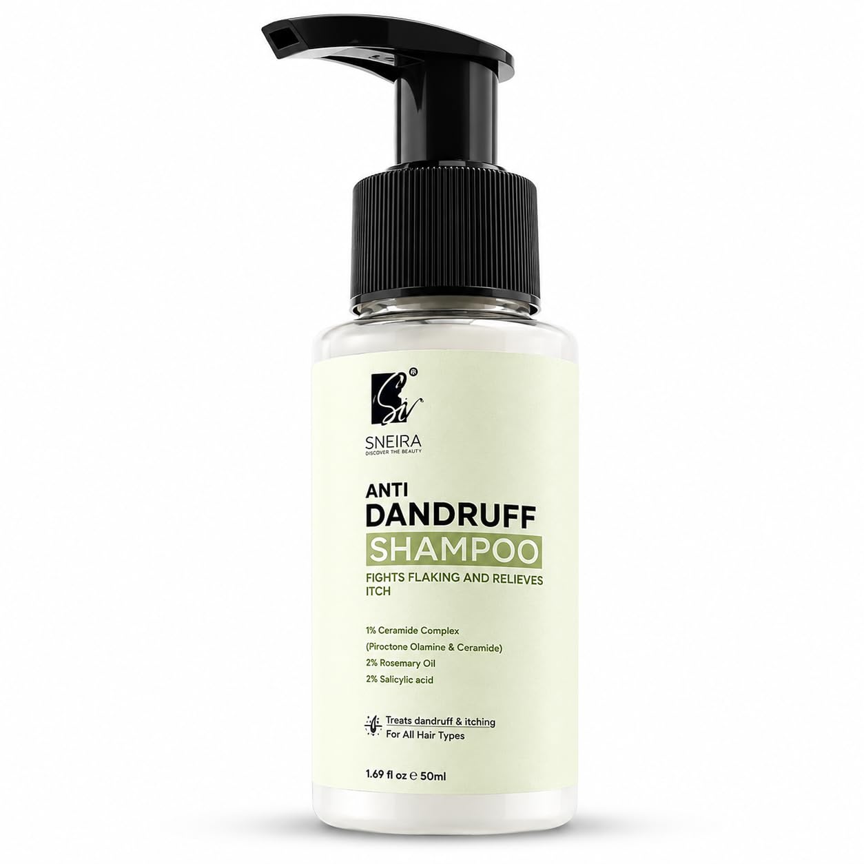 SNEIRA Anti-Dandruff Shampoo 50 ml, 2% Rosemary Oil, 2% Salicylic Acid, 1% Ceramide Complex (Piroctone Olamine) Reduces Upto 98% Dandruff Helps With Itching For All Hair Type, Paraben-Sulphate Free
