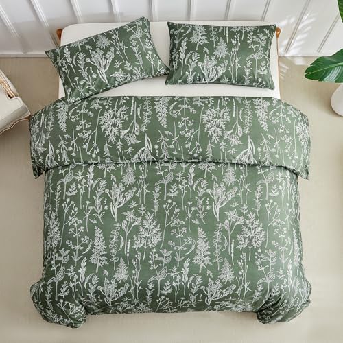 Image of Lekesky Floral Duvet Cover Queen Size, Army Green Queen Duvet Cover with Plant Flowers Pattern,Soft Microfiber Breathable Bedding Set with Zipper & Corner Ties for All Season