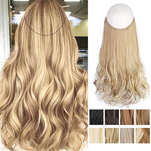 Stamped Glorious Short Hair Extensions Halo Wire Sercet Crown Synthetic Wavy Curly Brown Blonde Bayalage Hairpieces For Women Invisible (16 inch, 16H613)