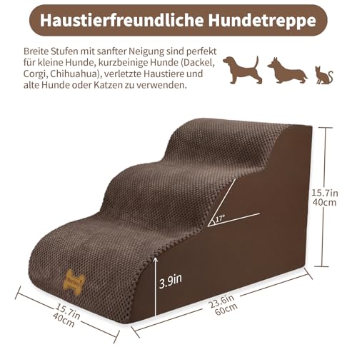 Nepfaivy Hundetreppe für Kleine Hunde 3-Stufig, Haustiertreppe für Bett und Sofa aus Hochdichtem Schwamm, Hunde Treppe Hunderampe mit Abnehmbarem, Waschbarem Bezug und Rutschfestem Boden, 60x40x40cm