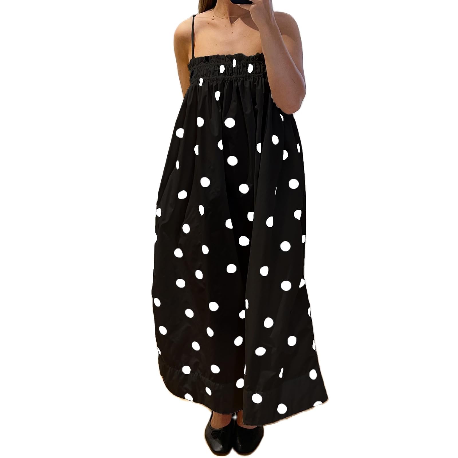 Cynefoa Womens Polka Dot Maxi Dress Y2K Spaghetti Strap Ruched Sundress Summer Casual Boho Beach Vacation Long Dresses(Black,S)