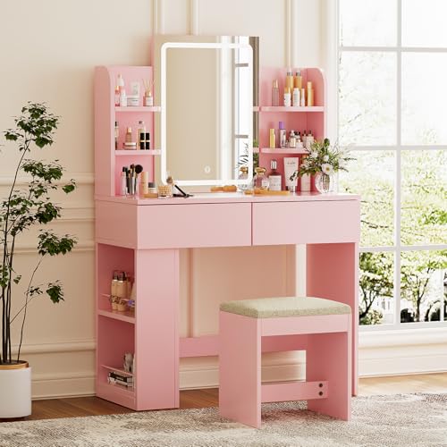 TRIUMPHKEY Coiffeuse avec Miroir LED y Tabouret, Lumières Réglable, Table de Maquillage avec 2 Tiroirs, 4 Étagères, Rangement Latéral, Meuble Moderne pour...
