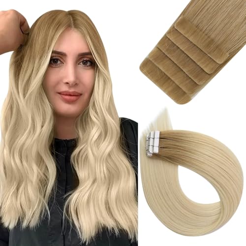 Image of Easyouth Tape in Human Hair Extensions Ombre Injection Tape in Extensions Light Golden Brown Ombre Platinum Blonde Hair Extension Tapes in 24 Inch 12.5G 5Pcs