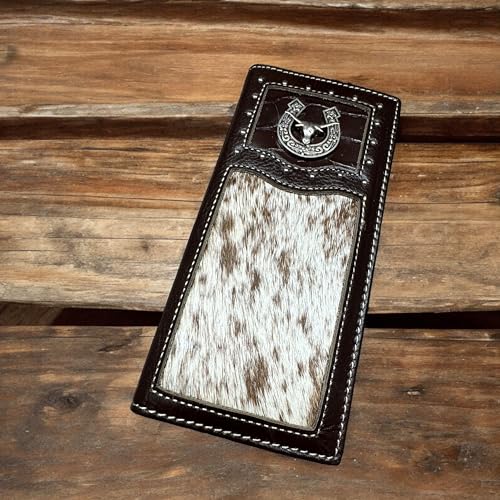 Men’s Long Leather Wallet – Hand Tooled Brown Rodeo Bifold with Hair-On Cowhide and Silver Longhorn Concho – Western Checkbook Wallet for Cowboys & Ranch Gifts2