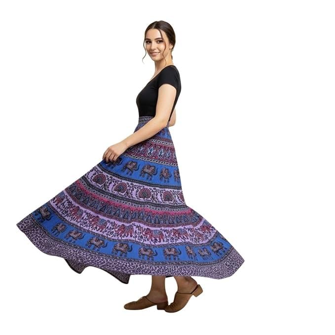 Image of HARSHITA-Enterprises Jaipuri Women's Cotton Printed Elastic Long Skirts