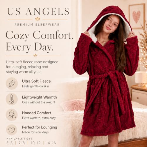 Image of US Angels Plush Robe For Girls- Plush Winter PJ Robe With Pockets, Hoodie & Belt- Ultra-Soft Bathrobe