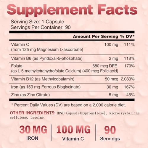 Iron Supplements for Women Men, Vegan Iron Bisglycinate 30mg Plus Vitamin C, B12, Folic Acid - Iron Pills for Anemia, Health Blood & Energy Support - Gentle, High Absorption, Non-GMO - 90 Capsules