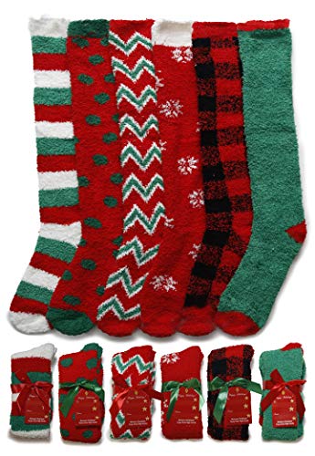 Womens Thick Comfortable Soft Fuzzy Cozy Calf High Winter Plush Socks 6 Pairs Size 9-11 (Christmas style)