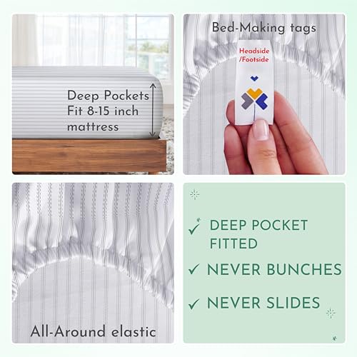 Image of California Design Den Premium Twin Sheet Set, 100% Cotton Sheets, 600 Thread Count, Sateen, Deep Pocket, Snug Fit, Soft & Crisp Printed Sheet Set, Twin Sheets (Ticking Stripe Pattern)