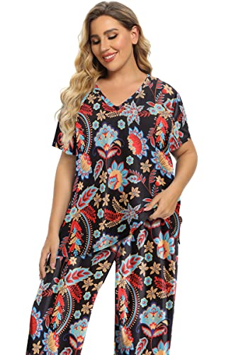 Image of Vozanet Women's V Neck Sexy Pajamas Capri Sets Mexican Style Floral Sleepwear 2PCS Totem Casual Nighty Plus Size M to 5XL