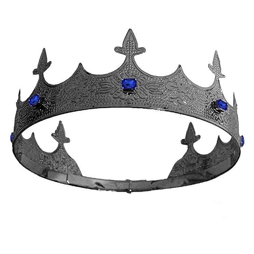 YADIRF Mens King Crown Adjustable Headdress Full Round Crown For Birthday King Halloween Cosplay Party Decorations (Black With Blue Stone)