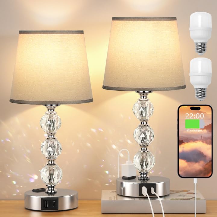 Lámparas para dormitorio, juego de 2 lámparas de mesa de cristal con puertos USB C+A y salida de CA para carga, 3 vías regulables al tacto, plateadas, lámpara de mesa auxiliar para sala de estar