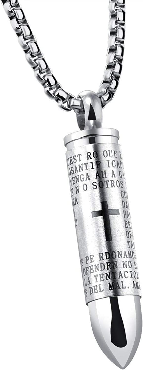Lord's Prayer Cross Bullet Pendant Stainless Steel Lords Bible Cross Prayer  Cremation Ashes Urn Necklace, Free Chain