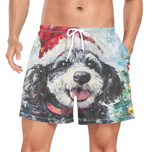 Terrier Dog with Xmas Hat Men's Swim Trunks with Liner Quick Dry Beach Shorts Swimwear Bathing Suit S-XXL