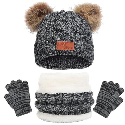 Winter Beanie Hat Scarf Gloves Set for Kids, Winter Warm Set Knitting Cap Neck Warmer Gloves for Girls Boys 2-10 Year