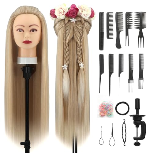 Trainingsköpfe, 28 inch Übungskopf Frisierkopf Friseur 100{b6caebd1ba35b7bac2f24cbef6225b1d406d03ca8a01a2b9f2a1f4675dbb77f6} Synthetikfaser-Haar Styling Kopf Frisierkopf für Frisöre mit kostenloser Klemme und DIY Flechtset (Hellbraun)
