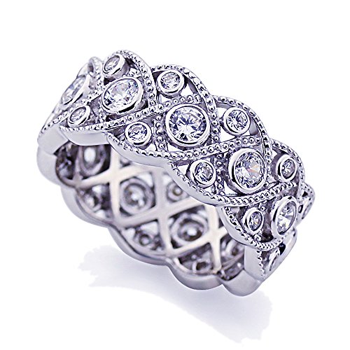 DoubleAccent Platinum Plated Sterling Silver Ring 1.75 CT CZ Stone Bezel Wedding Band Vintage Eternity Wide Band Ring, 8mm (Size 5 to 9)