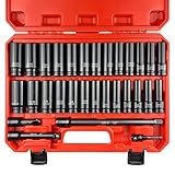 EACELIY 1/2' Drive Impact Socket Set, SAE and Metric, Cr-V Steel, 6 Point Deep & Shallow Sockets (30pcs 1/2' Socket Set)