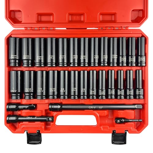 1/2" Drive Impact Socket Set, SAE and Metric, Cr-V Steel, 6 Point Deep & Shallow Sockets (30pcs 1/2" Socket Set)