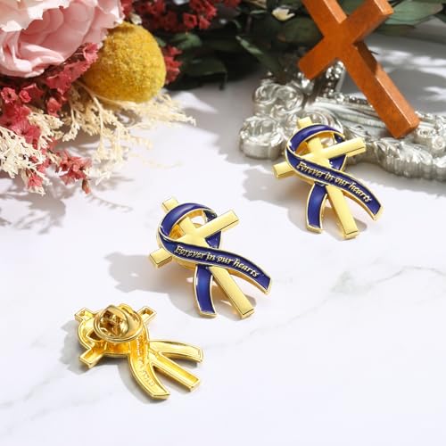 Image of Misdary Funeral Favors for Guests Funeral Memorial Pin Cross Ribbons Forever in Our Hearts Lapel Brooch Pin for Religious Christian Celebration of Life Mourning Remembrance Day