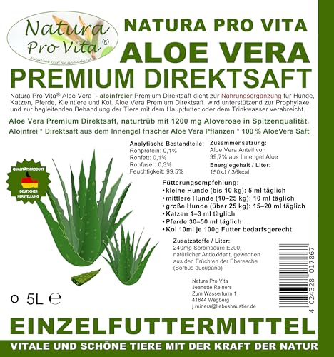 Aloe Vera Pferd Premium Direktsaft aloinfrei zuckerfrei vegan Aloevera Saft aus dem Innengel der Aloe Vera 5L