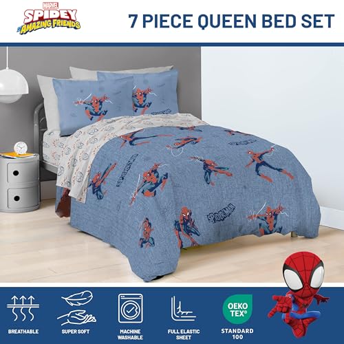 Image of Marvel Spiderman Queen Comforter Set 7 Piece Bedding for Boys, Blue | Bed in a Bag, Comforter Sheets Shams Pillowcases, Official Product, Soft Microfiber, Machine Washable, Boys Gift