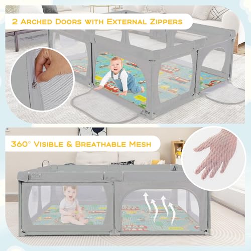 COSTWAY Baby Playpen, 206 x 147cm Extra Large Toddler Fence with Mat, Ocean Balls, Pull Rings, Breathable Mesh, Indoor Outdoor Infants Activity Play Yard for Babies and Toddlers - Image 3