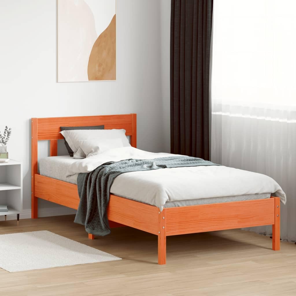 vidaXL Estructura de Cama con Cabecero, Somier de Listones de Invitados, Marco de Cama, Mueble para Dormitorio, Madera de Pino Marrón Cera 90x190 cm