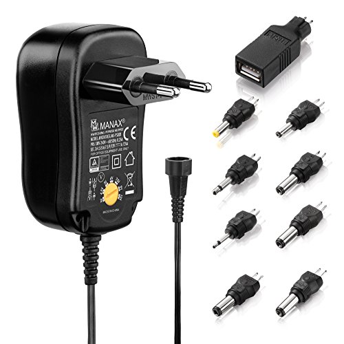 Bloc d'alimentation universel Manax MX-PS010 avec 9 fiches 3/4,5/6/7,5/9 et 12 V CA/CC - Adaptateur de voyage, noir, MX-PS020