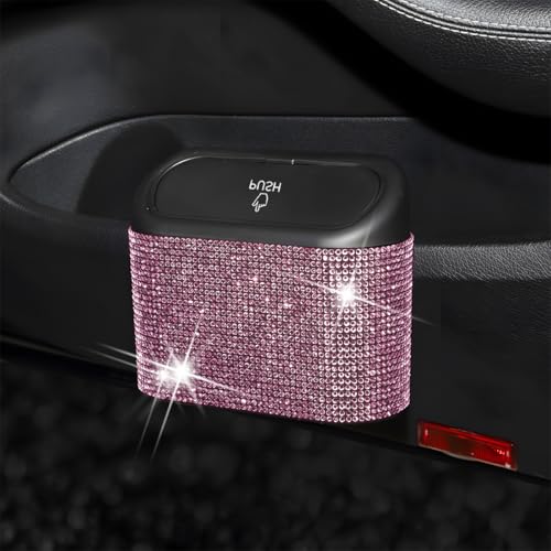 Image of AICEL Bling Car Trash Can with Lid, Crystal Rhinestones Leakproof Auto Garbage Hanging Container Bin, Multipurpose Diamond Dustbin Storage Organizer, Universal Vehicle Accessories (Pink)