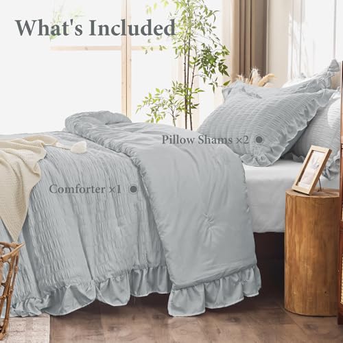 Image of JOLLYVOGUE Light Grey King Comforter Set, 3 Pieces Seersucker Comforters King Size, Lightweight & Fluffy Bedding Sets King for All Season with 1 Ruffle Comforter and 2 Ruffle Pillowshams