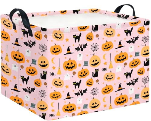 Image of Rectangle Storage Basket with Handles,Collapsible Storage Bin,Books Box,Gift Basket(Pink Cat Halloween)