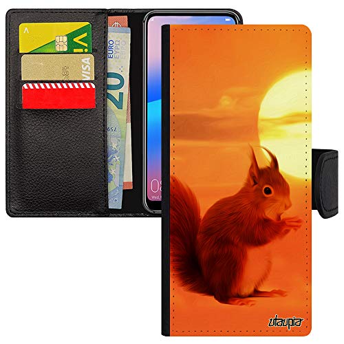 Coque Samsung Note 20 en simili cuir orange avec fentes pour cartes et motif écureuil