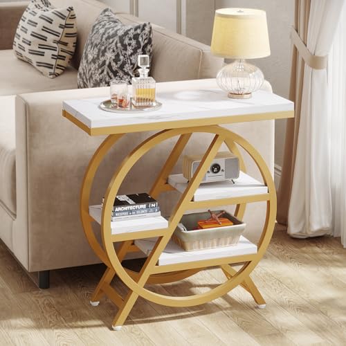 Tribesigns End Table for Living Room, 3-Tier Faux Marble Side Table with Storage, Wood Narrow Sofa Side Table with Geometric Metal Frame, Modern Nightstand and Bedside Table for Bedroom, Gold & White by Tribesigns - Image 2