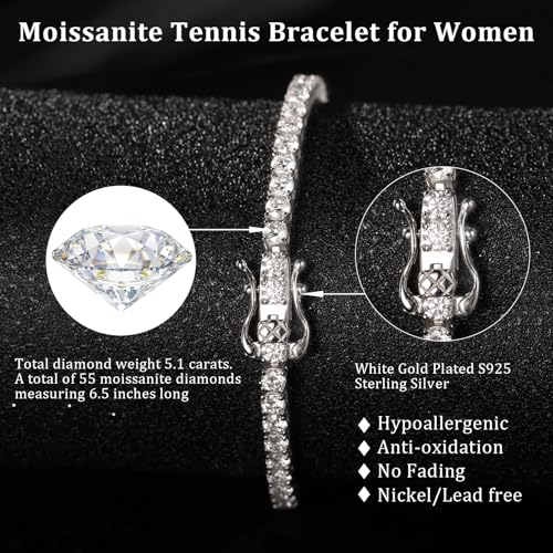 5.1CT/5.5CT Moissanite Tennis Bracelet for Women, 3mm White Gold Plated S925 Sterling Silver D Color VVS1 Round Cut Moissanite Bracelets Jewelry Gift, Size 6.5Inch/7Inch4