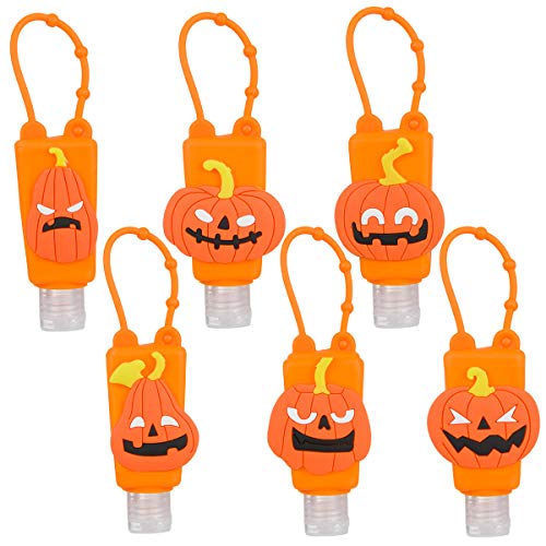 6 Sets Halloween Silicone Hand Cleaner Holders- Pumpkin Empty Travel Keychain Carriers with Hand Refillable Bottles Portable Plastic Leak Proof Liquid Soap Bottles for Travel Daily Use, Kids Gifts