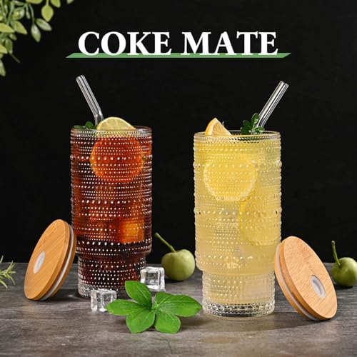 Image of KHOLAD Vintage Drinking Glasses Tumbler Set Of 1 With Bamboo Lids And Straws, Clear Fluted Textured Old Fashion Embossed Glass Sipper Iced Coffee Cups For Beer, Cocktail, Beverage (Embosse), 400Ml