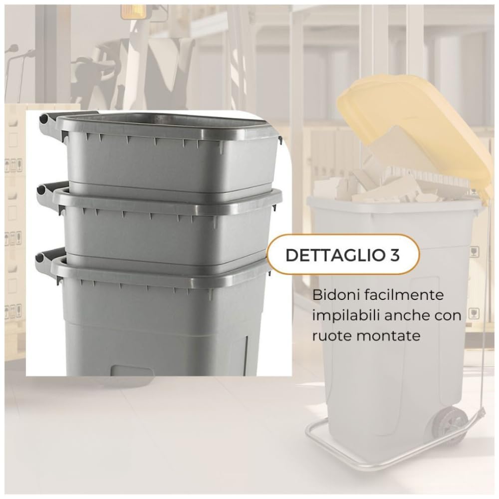 PALUPLUS Set 4 Bidoni Pattumiera con Ruote da 80 Litri, Misura, 45x50x78 cm, Coperchio Chiusura a Clip, Maniglia e Fermasacco a 4 Fissaggi, Secchi con Coperchi Rosso, Blu, Verde e Giallo -80F-16