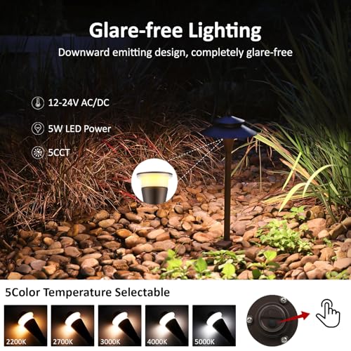 Image of Low Voltage Landscape Lighting, 12V LED Low Voltage Pathway Lights, 5 Colors Selectable, 5W, Modern, Super Bright, IP65 Outdoor for Yard Garden Pathway, CRI90, Bronze, ETL, Pack of 6