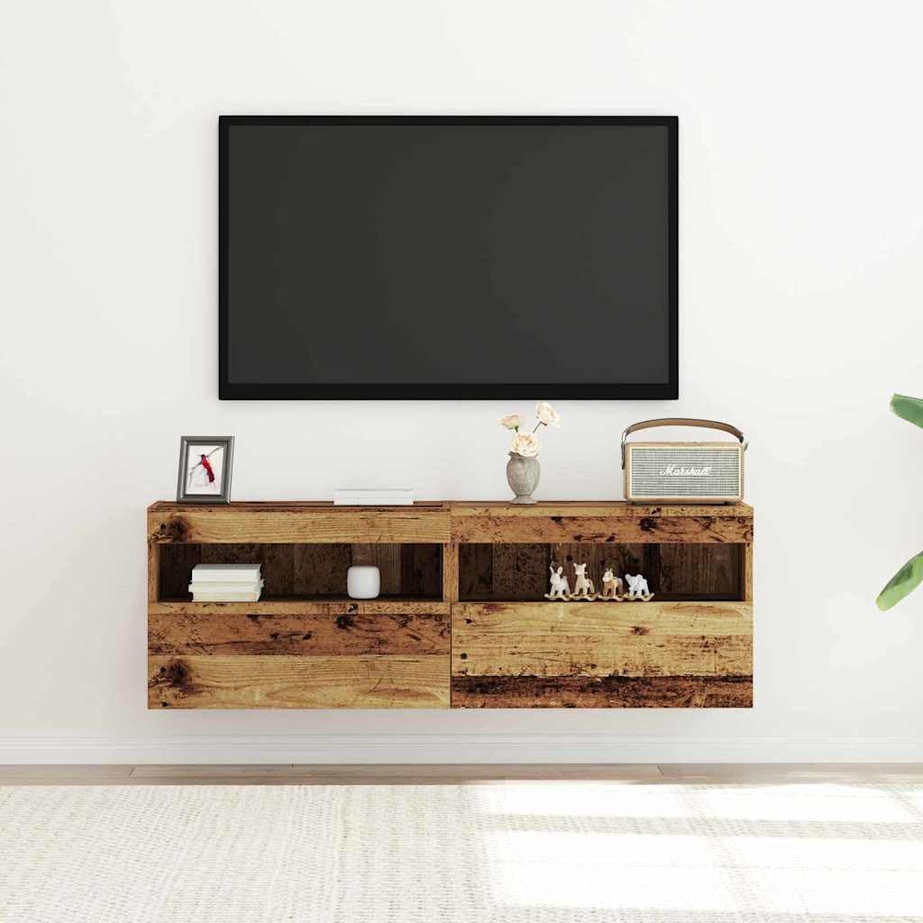 vidaXL Meuble TV Mural avec LED 2 pcs Bois Ancien 60 x 30 x 40 cm, Meuble TV Moderne pour Salon, Cabinet rectangulaire Mural, Rangement Gain de Place, éclairage LED Dynamique