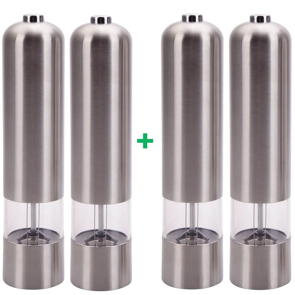 Salt and Pepper Grinder Set Automatic Pepper Salt Grinder Mills 2 pieces Battery Operate Amebee Stainless Steel Electric Mill Grinder Silver (2 Pairs)