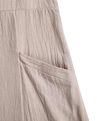 Image of Women's 65% Cotton, 35% Linen Crew Neck Midi Dress, Short Sleeve Dress with Pockets for Summer Daily Wear