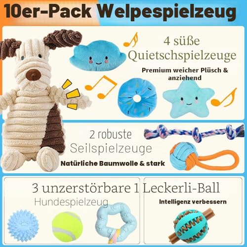 Speedy Panther 10 Stück Welpen Spielzeug Set - Plüsch Hundespielzeug mit Quietscher, Kauspielzeug & Ball für Kleine Hunde - Zahnpflege Welpenspielzeug & Zubehör für Junghunde