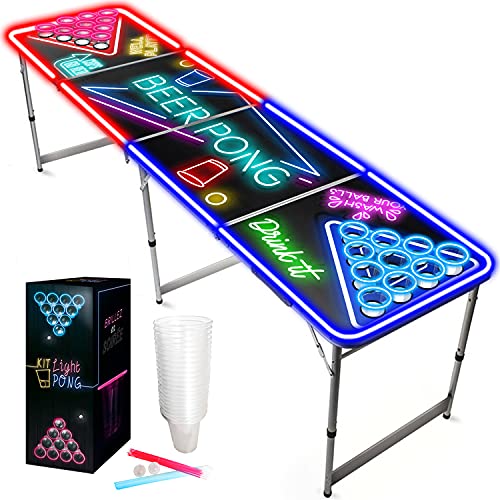 Original Cup Beer Pong® - Table Beer Pong Lumineuse avec Trous sous Les Gobelets + 22 Cups + 24 Sticks + 2 Balles Fluo - Table Pliable, Transportable,...