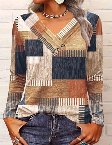 HOTOUCH Womens Long Sleeve Tops Casual V Neck Shirts Loose Fit Blouses Fall Tops4