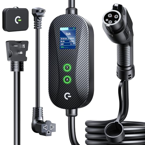 Image of Carbon Fiber Level 1&2 Portable EV Charger, 8-16A Adjustable Current /Timer /Smart Display, NEMA 6-20 & 5-15 Plug, 16FT Charging Cable, Electric Car Charger, J1772 Connector for All SEA J1772 EVs /PHEVs