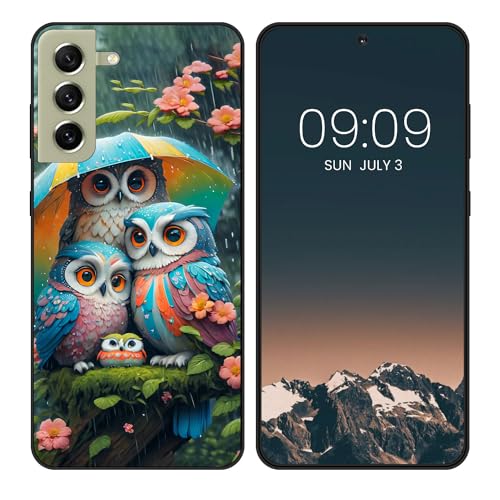 WUACYEAMING Funda Bonita para Samsung Galaxy S21 FE 5G,Carcasa con Aesthetic Lindo Dibujos,Ultrafina Suave TPU Antigolpes Case Divertidas Diseño Negro-Búho