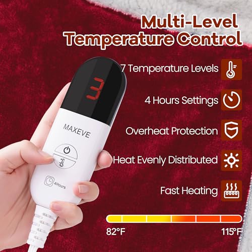 Heated Blanket Wearable Electric Blanket with Foot Pocket and Sleeves, Heating Throw Blanket, Electric Snuggle Blankets, 6 Heating Levels Setting & 4 Hours Auto Shut Off, Machine Washable (Long, Wine)