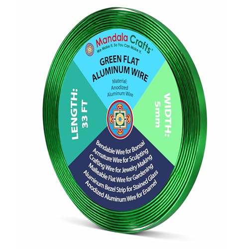 Image of Mandala Crafts 5mm Green Flat Aluminum Crafting Wire for Sculpting | 33 FT, Anodized, Colored, Tarnish Resistant, Bendable, Flexible, for Jewelry Making, Bezel, Bonsai, Armature, Outdoor